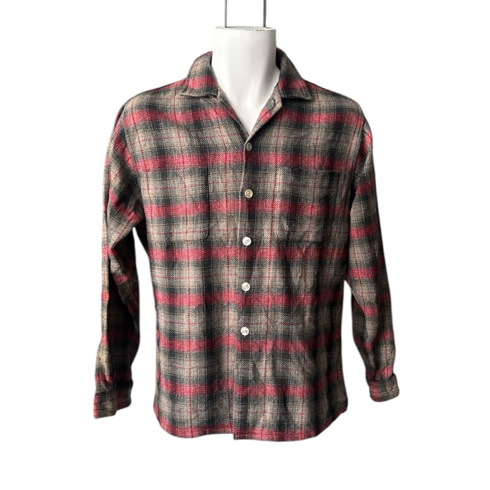 VINTAGE 60s Puritan Washable Wool Plaid Flannel Shirt M Red Gray Rockabilly